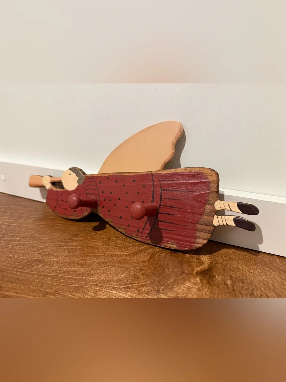 Vintage Wooden Angel Folk Art Wall Decor With Pegs